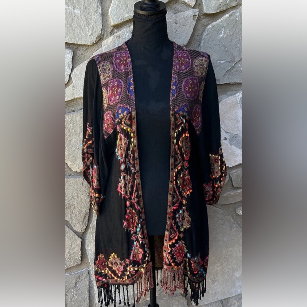 Avani Del Amour Kimono Duster S/M Black Multicolor‎ Embroidered Fringe